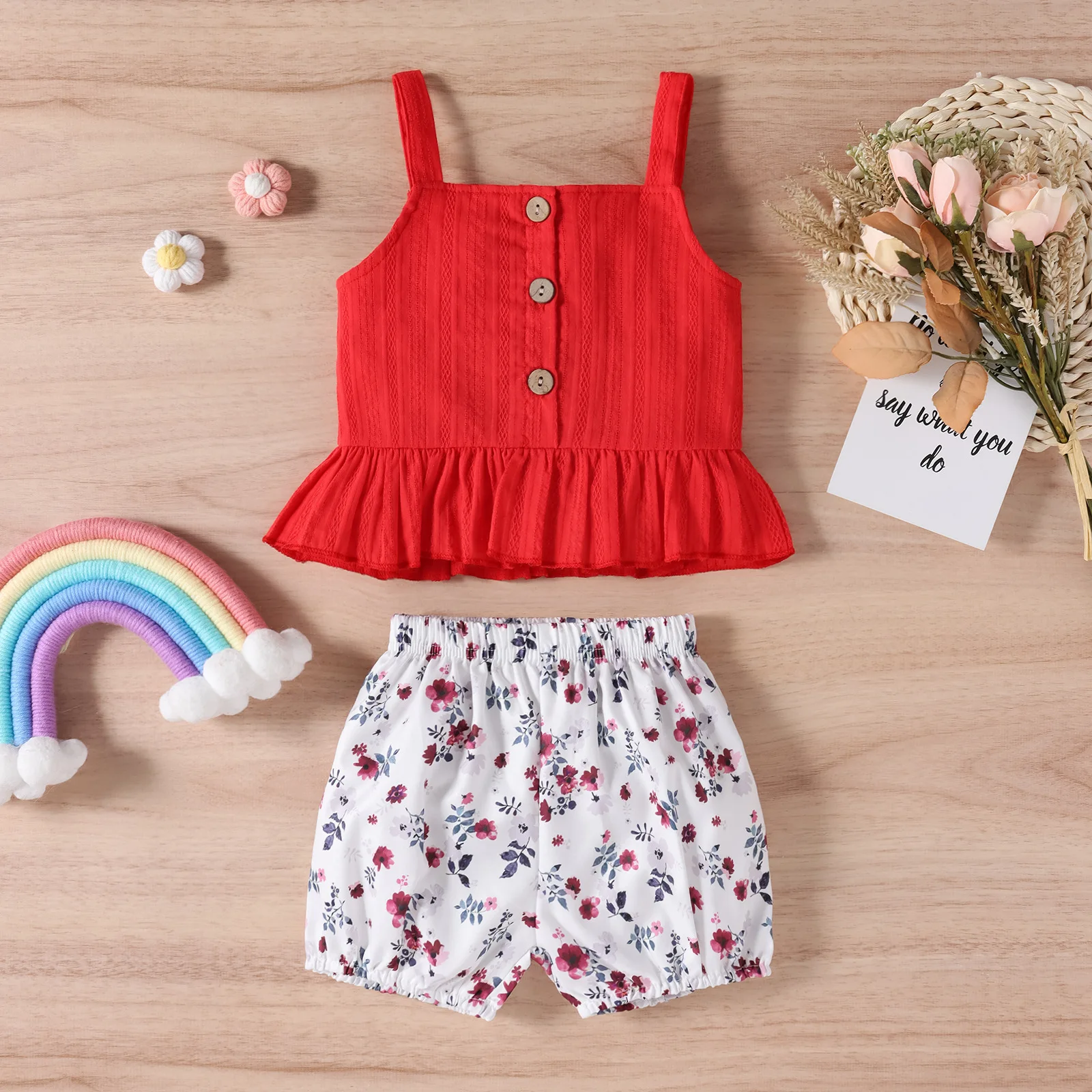 

Baby Clothes For Girls Children Casual Clothing Sets Toddler Solid Suspender Top + Floral Shorts 2pcs Set Infant Summer Outfits