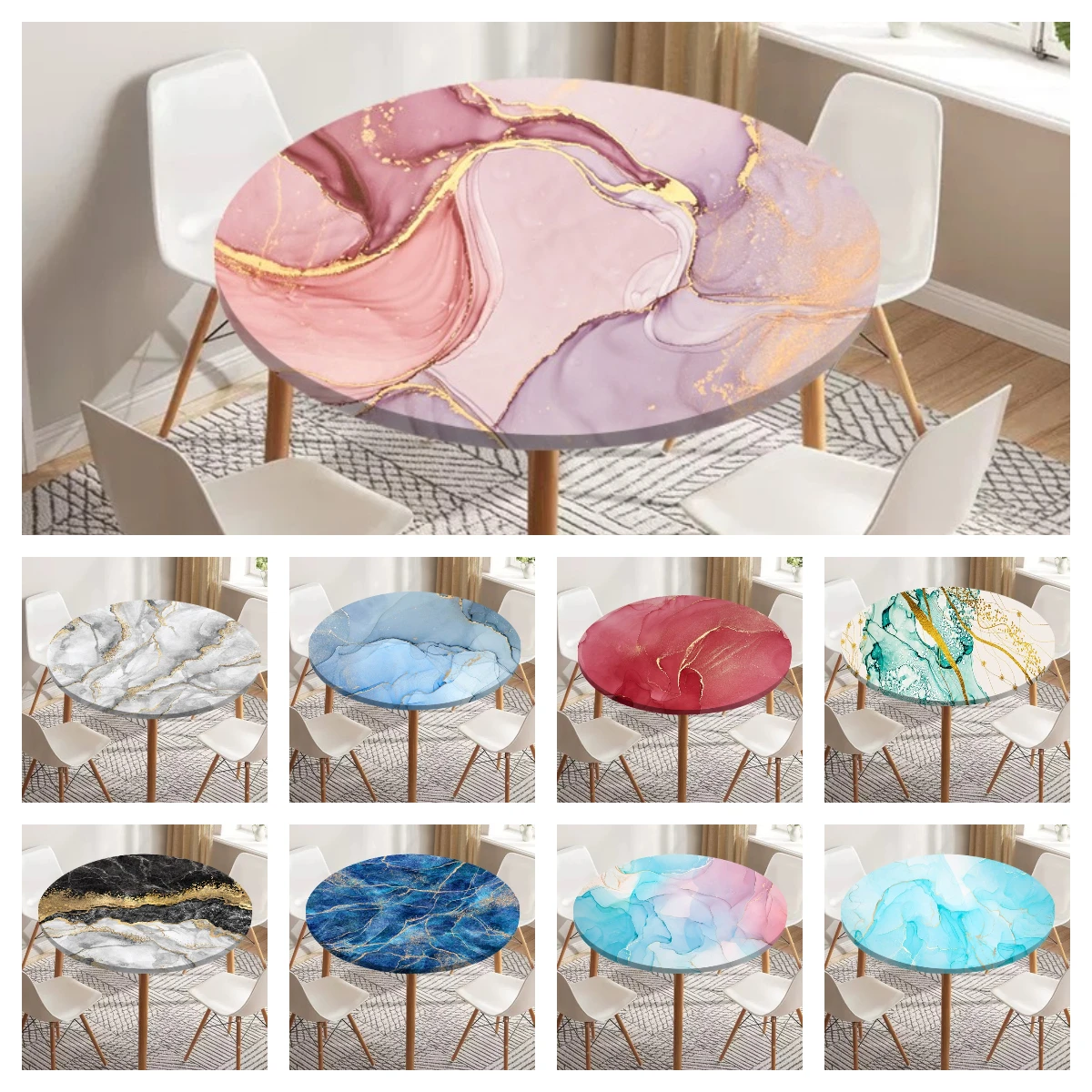 Marble Round Tablecloth Elastic Table Cover Waterproof Abstract Dining Table Decoration Accessorie Anti Sewage for Indoor Outdoo