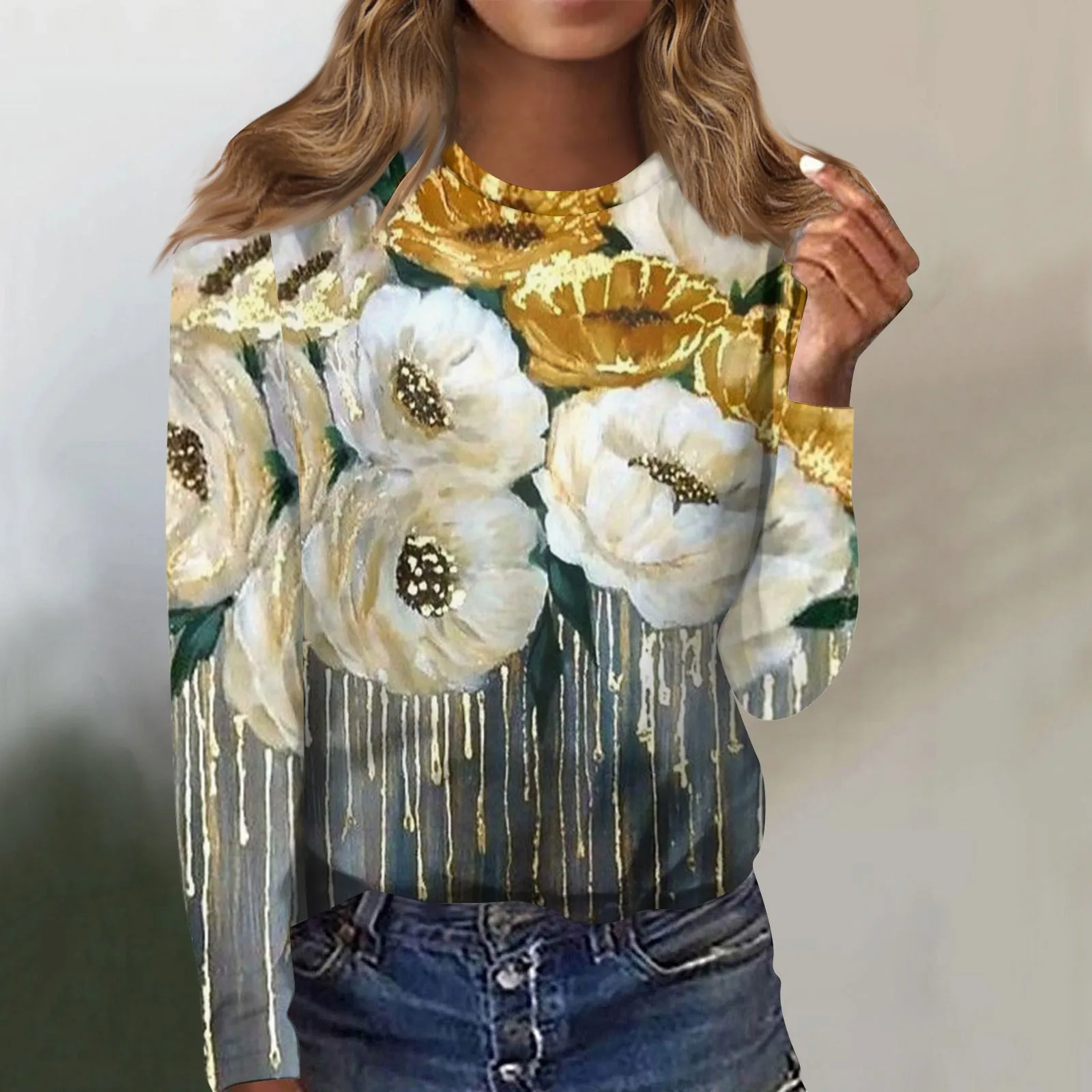 

2023 Autumn Long Sleeves Casual Loose Pullover Sweater Women Harajuku Graphic Blouse O Neck Tops Floral Print Ladies Sweatshirt