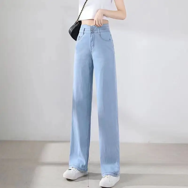 New Straight Jeans Women Summer Ice Silk Blue Denim High Waist Stretch Fashion Pocket Trousers Solid Color Wide Leg Washed Jean