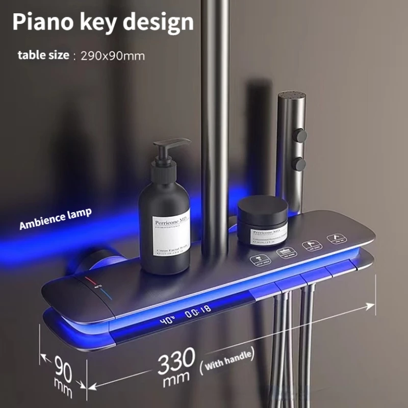 

Elevating Digital Display Atmosphere Light Shower Shower Suit Thermostatic Cold and Hot Piano Key Shower Shelf