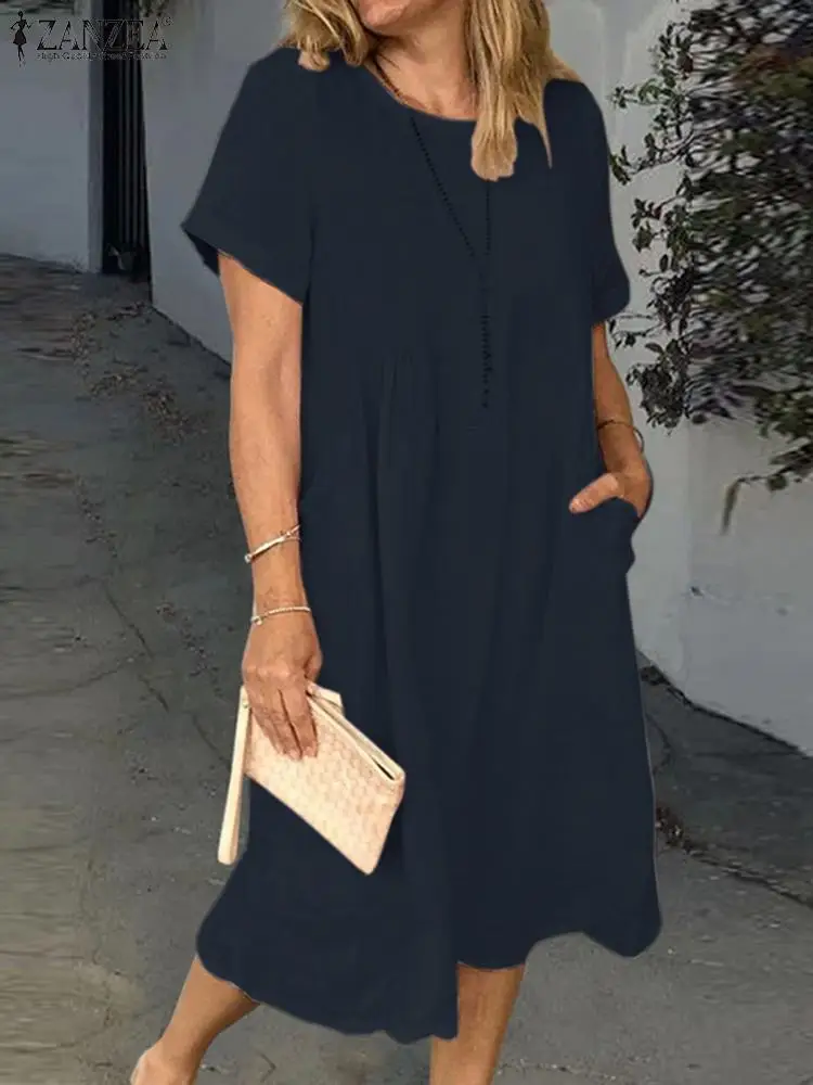 

Oversize ZANZEA Summer O Neck Short Sleeve Midi Dress Women Vintage Fashion Solid Loose Holiday Beach Vestido Sundress Kaftan