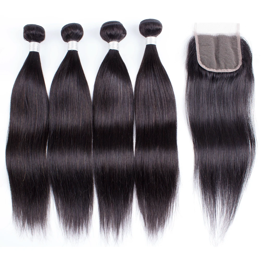 Gemlong 4 Bundles With 4*4 Lace Closure 400g/Lot For Full Head Straight Remy Indian Human Hair Extension 4x4 Swiss Lace Closures