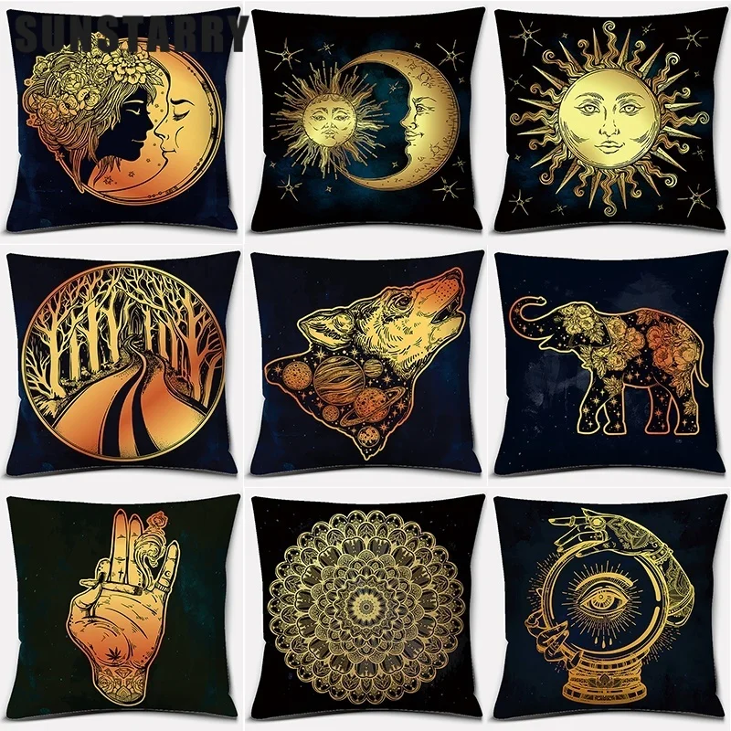 

Sun Moon Black Golden Pillow Case Polyester Cushion Cover 45x45cm Home Decor Throw Pillows For Sofa Bedroom Funda Cojin Cojines