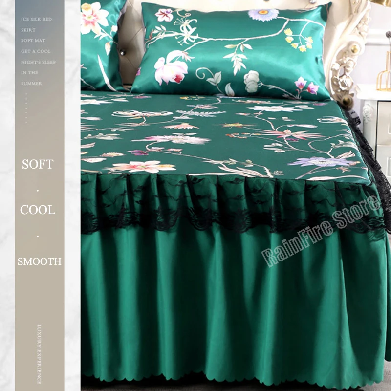 Зеленый комплект постельного белья из роскошного кружевного белья с подъемной юбкой для двуспального матраса с яркой печатью, включающий простыни с наволочками.