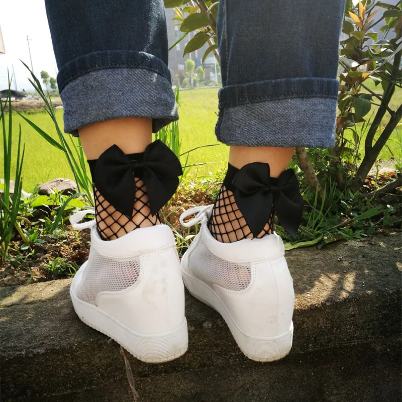 Женские дышащие черные ажурные носки в стиле Харадзюку с бантом сексуальные