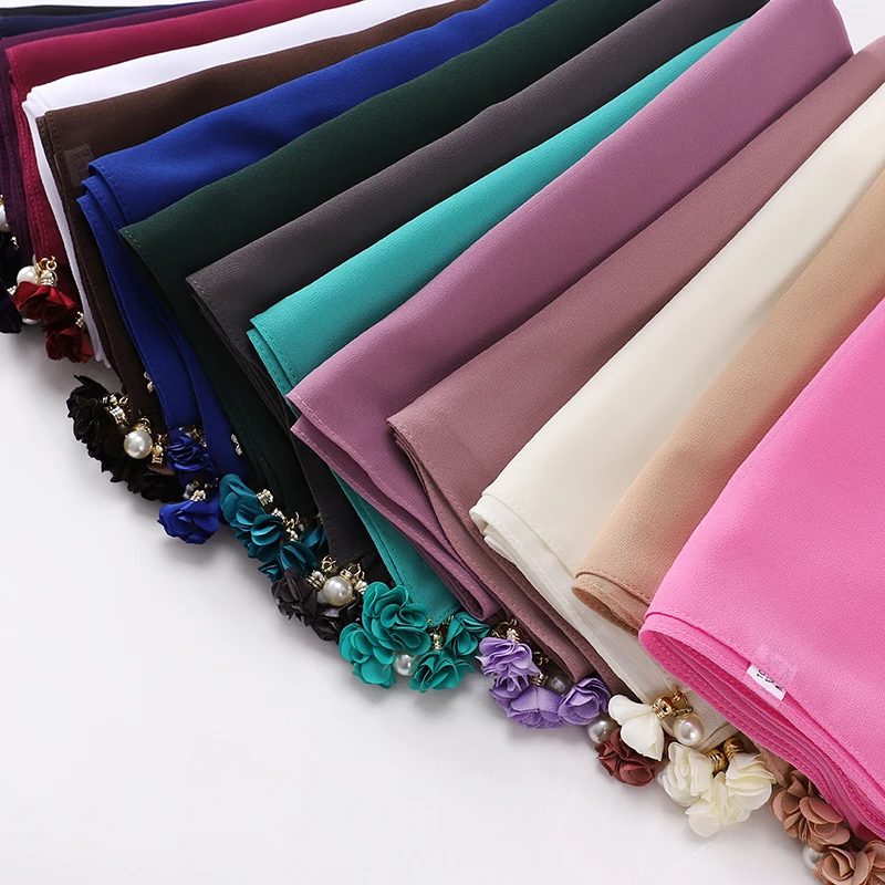 

Malaysian Pendant Pearl Flower hijabs Bawal Tudung plain high quality shawl shawls premium heavy Chiffon hijab Square scarf
