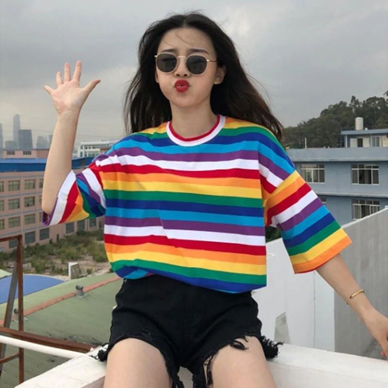 

New T Shirt Women Rainbow Striped Tops Harajuku Tshirt 2022 Summer Short Sleeve Korean Punk T-shirt Camiseta Feminina