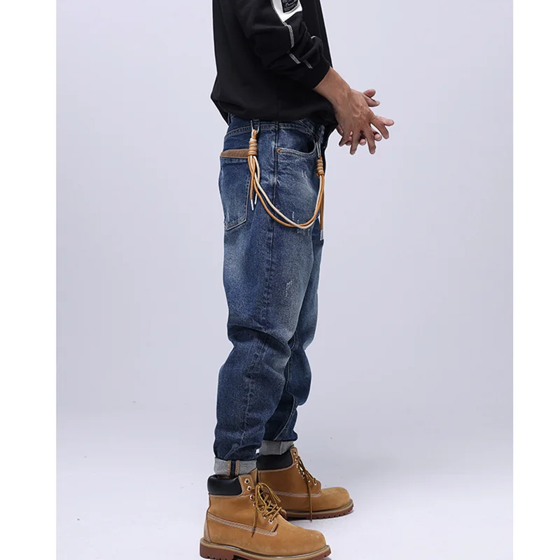 Streetwear Men New Pattern American Vintage Blue Jeans Straight Cylinder Loose Elastic Force Street Trousers Autumn Female Sex