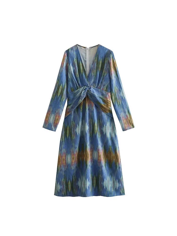 

2022 fall women's new temperament fashion waist button knot V-neck Slim long-sleeved printed dress