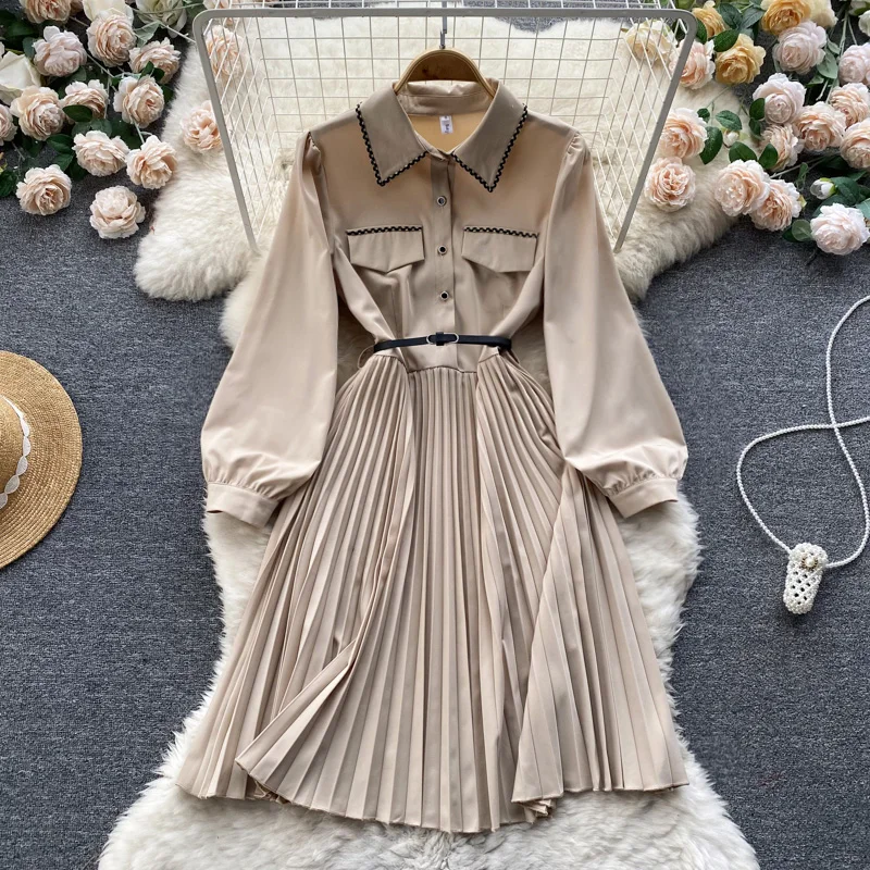 

Autumn New Small Fragrant Wind Long-sleeved Long Paragraph Waist Thin Pleated Lapel Dress