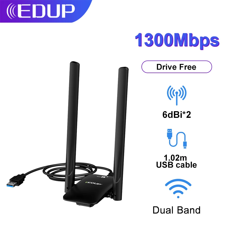 

EDUP Drive Free Wifi Adapter 1300Mbps USB3.0 Wireless Network Card Adapter 2.4G&5.8G Dual Band 6dBi High-Gain Antenna For Win 10