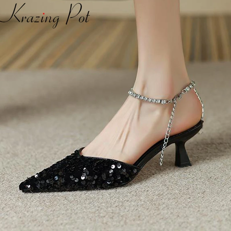 

Krazing Pot Full Grain Leather Bling Pointed Toe Street Wear High Heels Crystal Pendant Ankle Straps Summer Wedding Beauty Pumps