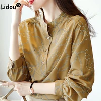 summer korean elegant fashion vintage chain printed chiffon shirt women stand collar long sleeve casual blouse female loose tops