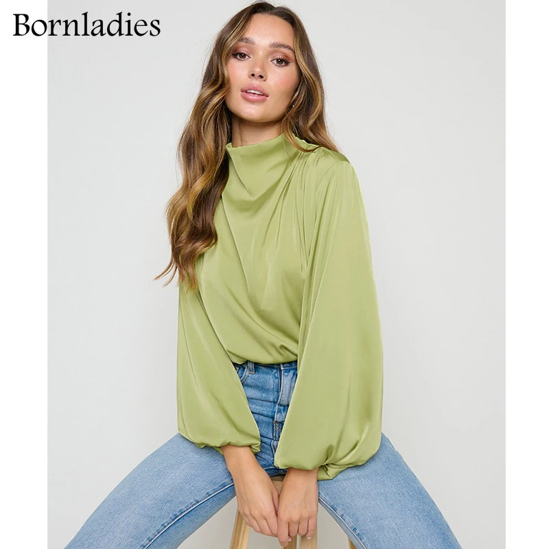 

Bornladies Женская атласная рубашка с высоким воротником Свободная Женская блузка с рукавами-фонариками элегантные дамские зеленые рубашки 2021 ...