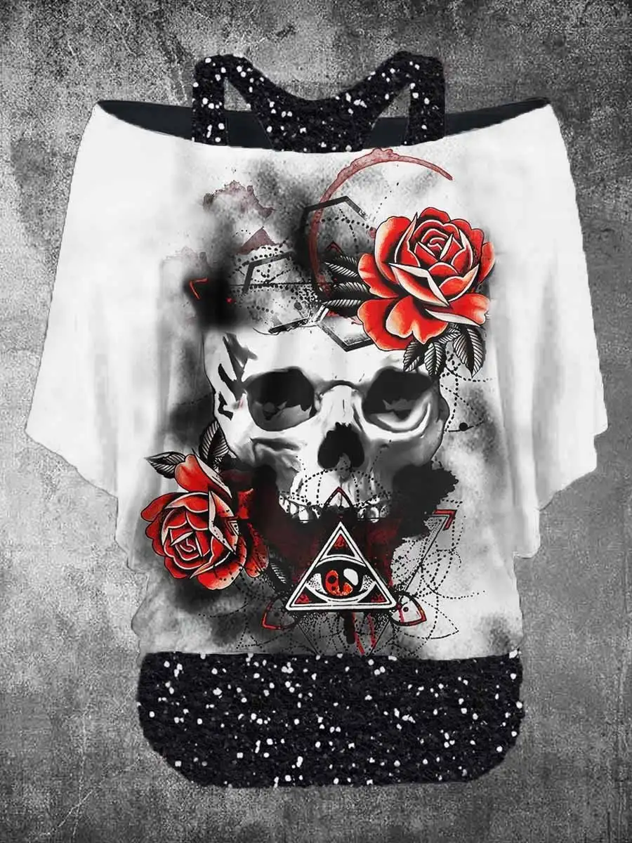 

Women's Retro Punk Skull Print Two-Piece Top
