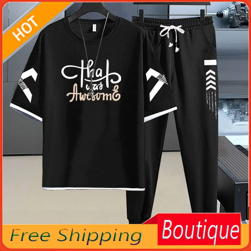 Men's Suit Summer Korean Fashion All Matching and Handsome Short Sleeve T-shirt Large Loose Casual Sports Two Piece Set