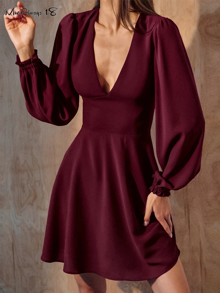 

Mnealways18 Chiffon V-Neck Wine Red Sensual Sexy Dress For Women Lantern Sleeve A-Line Prom Dresses Ruched Party Evening 2023