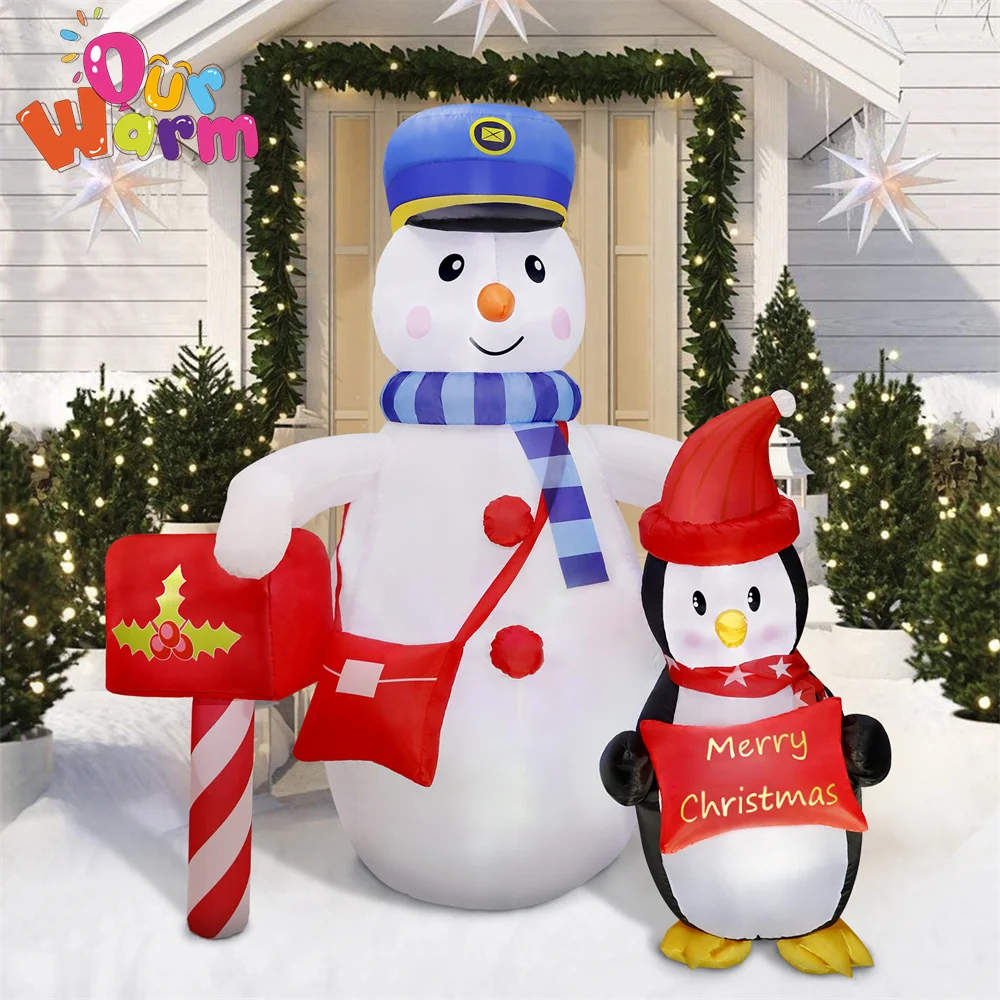 OurWarm 6 Ft Christmas Inflatables Snowman Postman with Penguins Outdoor Decorations with LED Lights Xmas Yard Lawn Party Decor