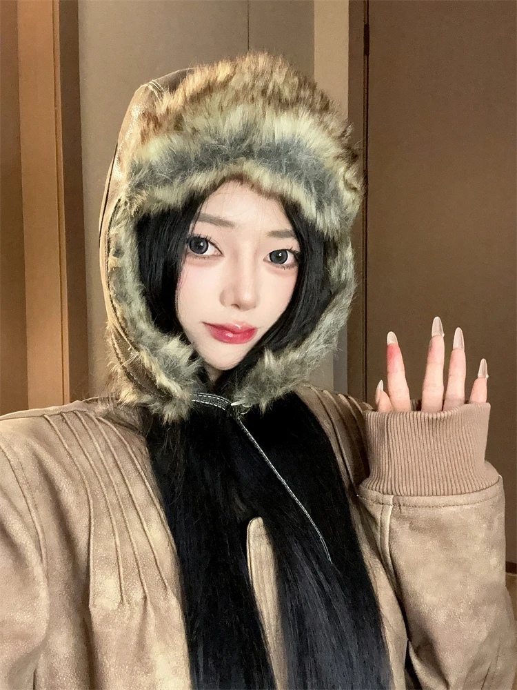 Ретро шапка Lei Feng женская зимняя теплая с наушниками утолщенный плюшевый капот