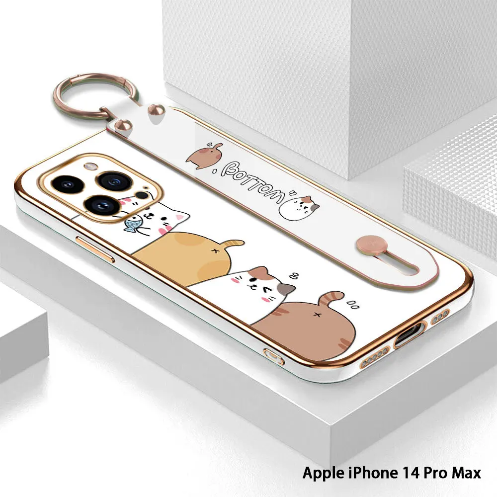 

(With Wristband) For iPhone 11 Pro 12 Pro 13 Pro Max 12Mini Cartoon Cat Pattern Back Cover Luxury Plating TPU Phone Case