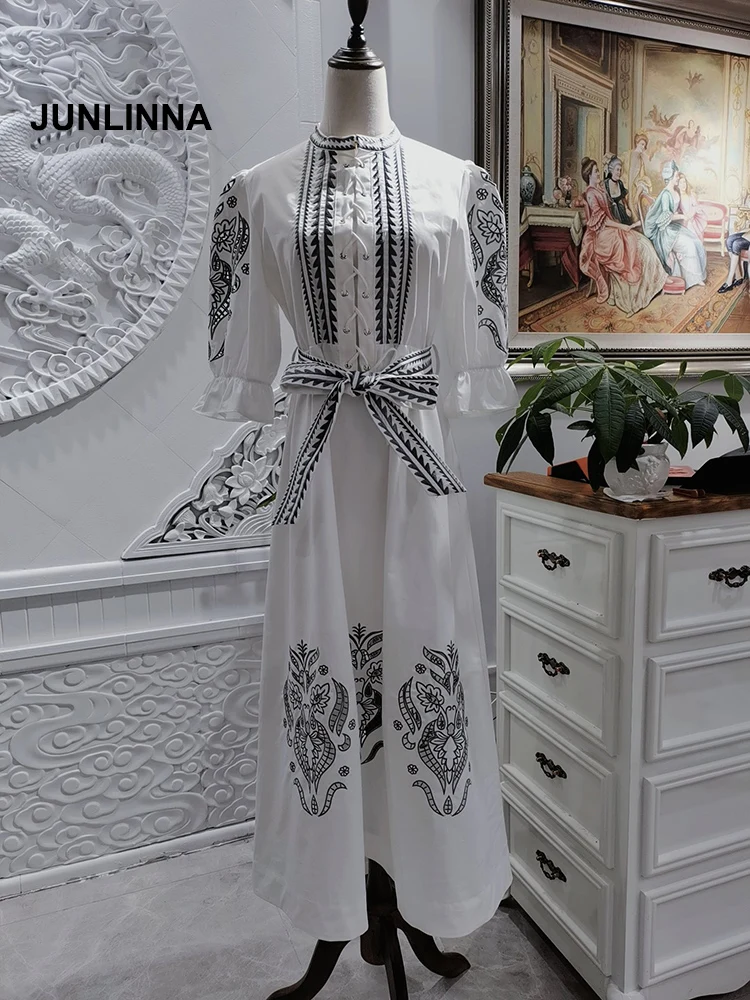 

JUNLINNA 100% Cotton Dress 2022 Spring Summer Princess Vestidos Stand Collar Hollow Out and Embroidery Long Dresses