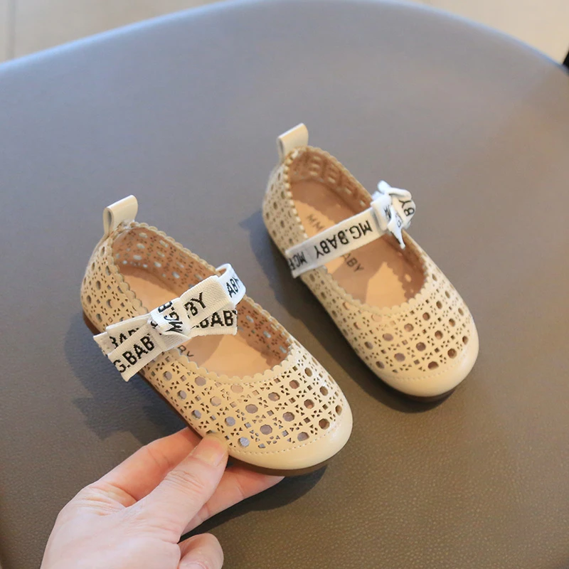 Летние дышащие детские туфли на плоской подошве для девочек с узлом-бабочкой и