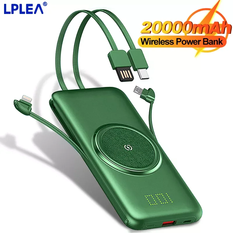 

2023New 20000mAh Wireless Charger Power Bank Built-in 4 USB Type C Micro Cables For iPhone 10000mAh Powerbank Portable External