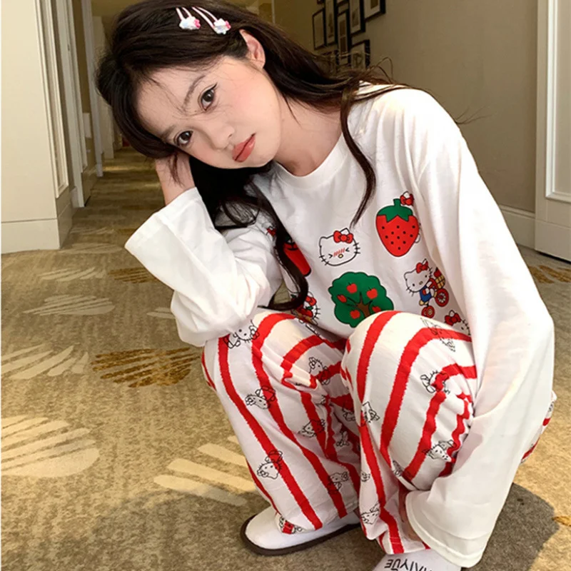 Женская Осенняя Пижама повседневные контрастные полосатые брюки милый