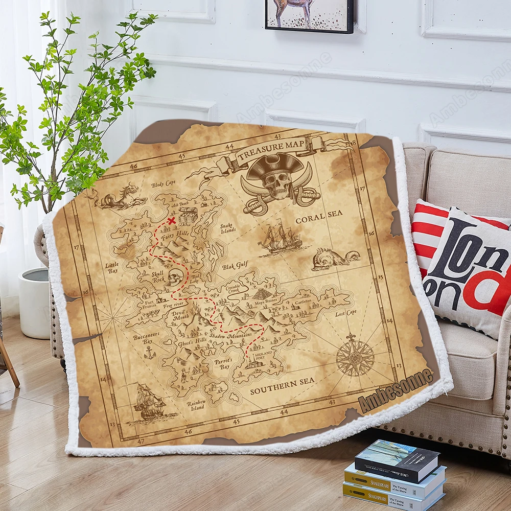 Пиратская Карта сокровищ on A разрушенный старый пергамент Sherpa плед мультяшный