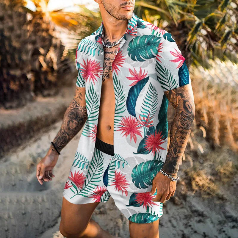 

Vintage Floral Print Hawaiian Summer Men 2022 Casual Suit Lapel Button Top and Pocket Shorts Suit Spring Men 2-piece Set