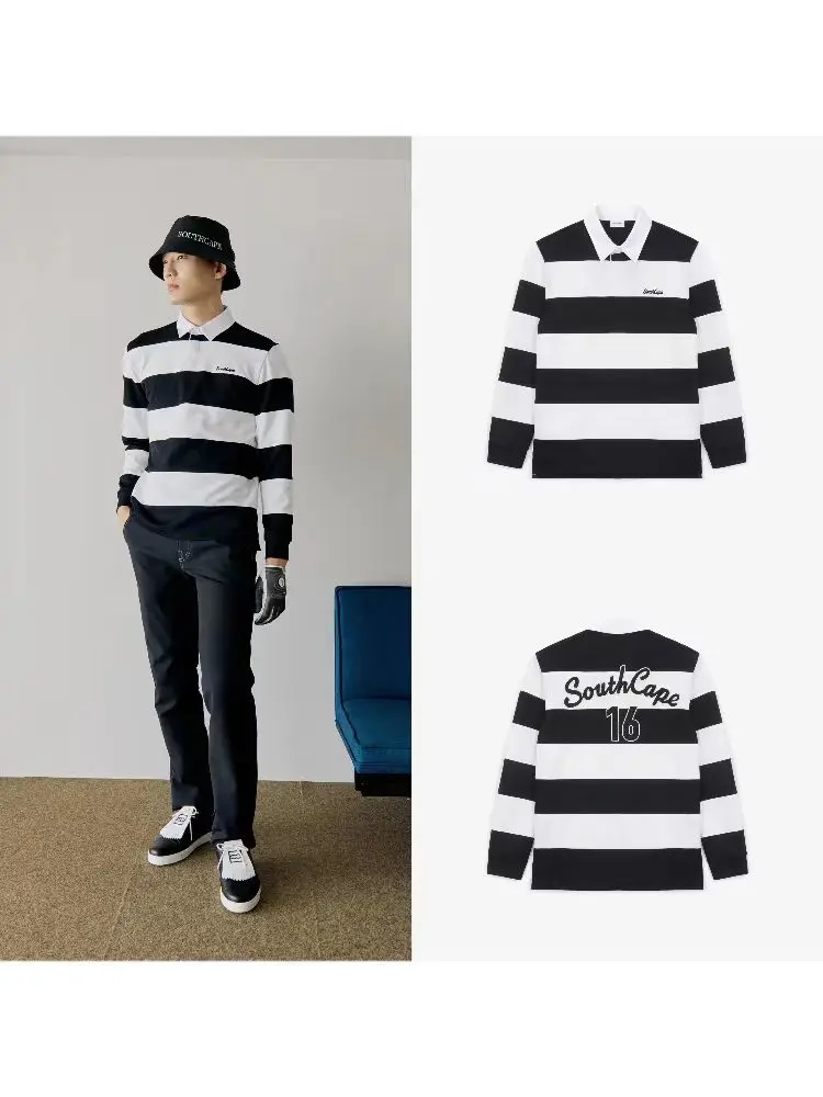 

Southcape Golf Clothing Men Fall/Winter New Lapel Stripe Long Sleeve Spliced Top