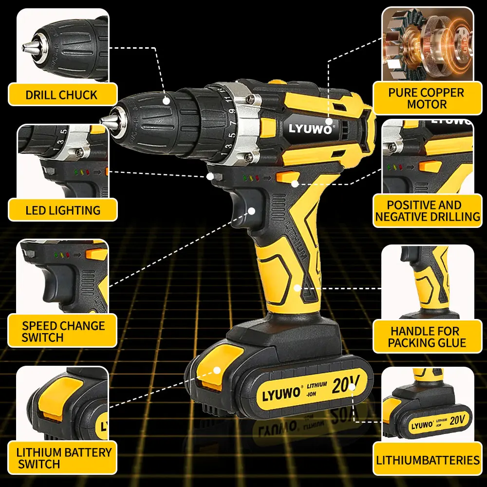 Аккумуляторная дрель LYUWO с литиевым аккумулятором