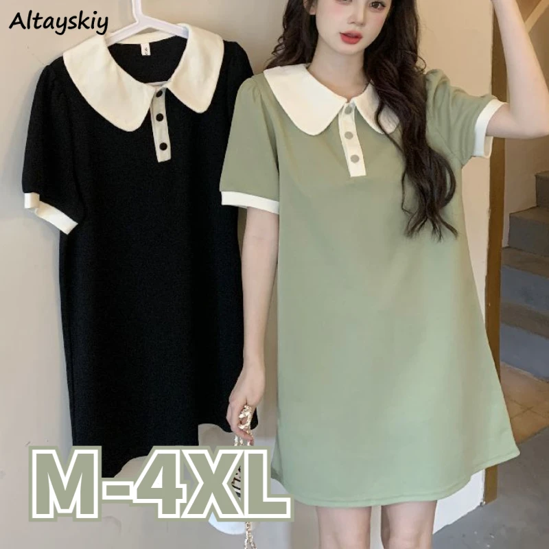 

H-line Mini Dress Women Kawaii Peter Pan Collar Aesthetic Panelled Summer Temper Casual Baggy Vintage Vacation Daily Vestidos