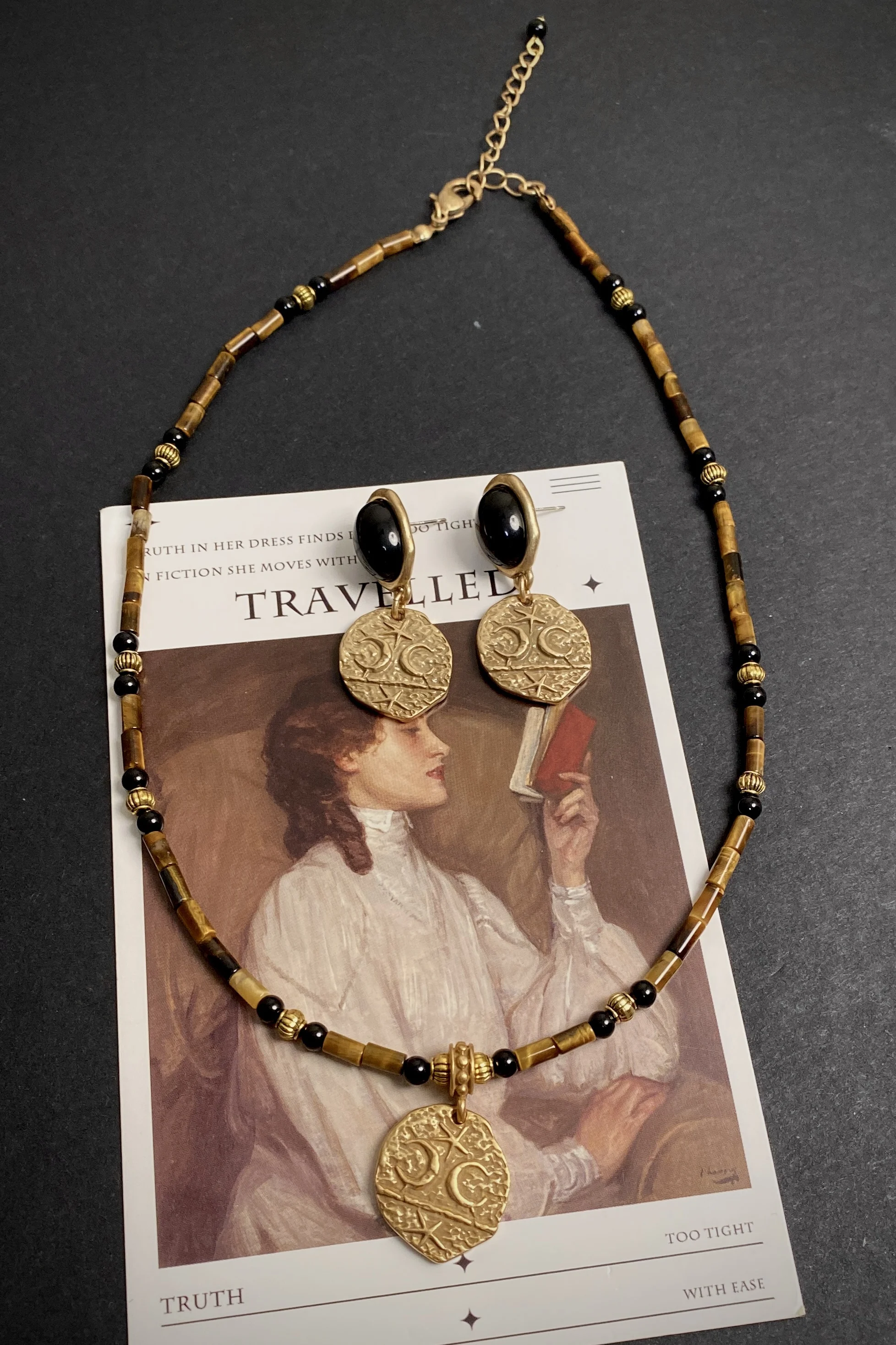 Серьги из натурального тигрового глаза и камня винтажное ожерелье черного