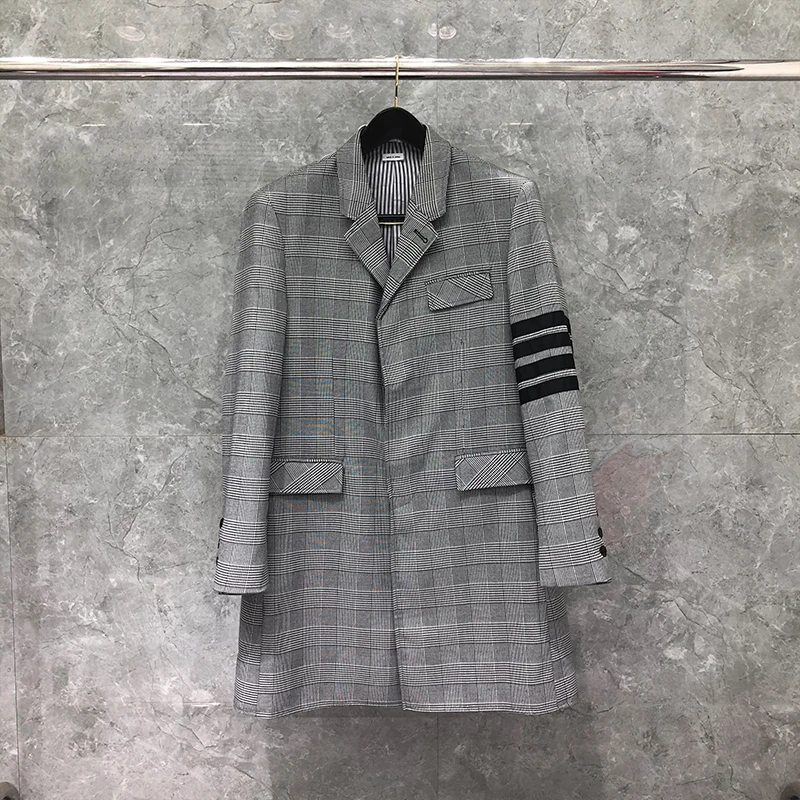 

TB THOM Men's Winter Oversize Overcoat Lapel Collar Woolen Plaid Single Breasted Long Jacket Classic 4 Bar Striped Men‘s Coat