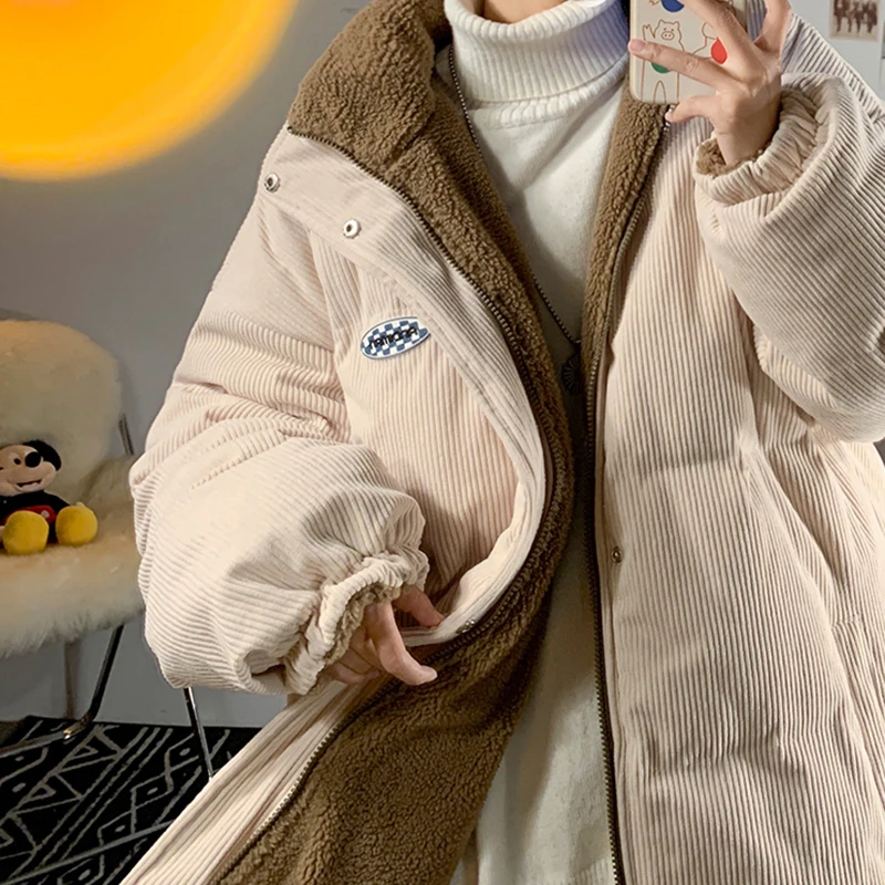 2022 Winter Women Corduroy Jacket Vintage Lamb Fleece Cotton Parkas Coat Fashion Thick Warm Clothes Loose Double-sided Outerwear