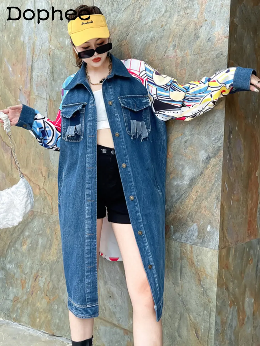 Fall 2022 New Patchwork Ripped Cartoon Printed Mid-Length Denim Coat Jacket Loose Slimming Jean Trech Coat Clothing High Street