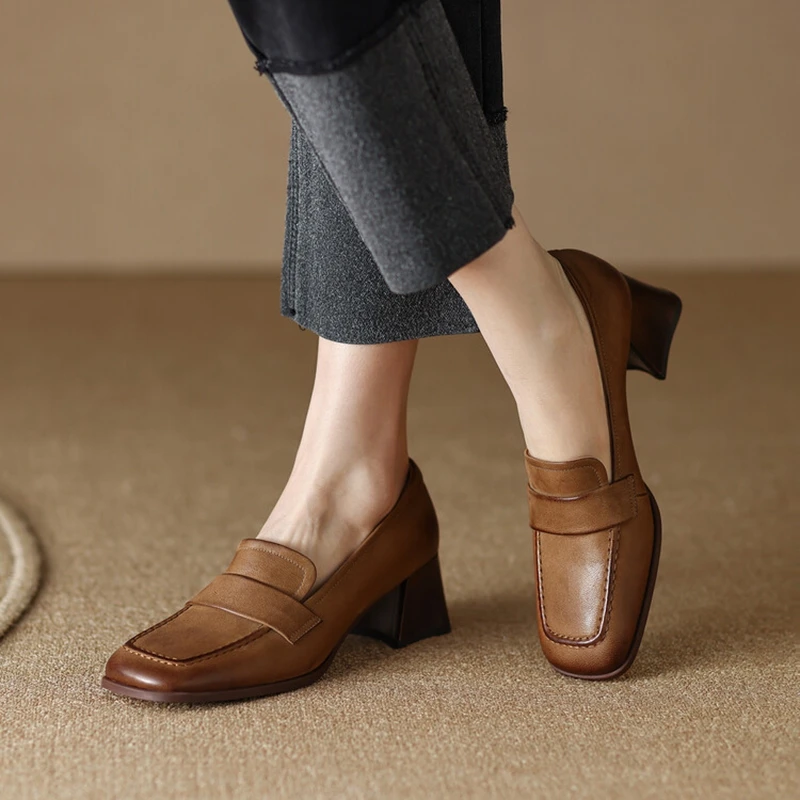 

NEW Spring Women Loafers Genuine Leather Handmade Shoes Square Toe Chunky Heel Shoes Slip-On Women Pumps High Heels Ladies Shoes