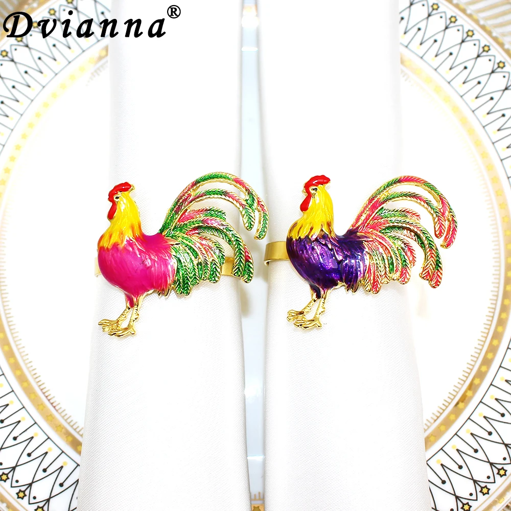 

6Pcs Trendy Big Rooster Napkin Rings Multicolor Enamel Animal Napkin Holder for Wedding Banquet Decor French Jewelry Gift HWE108