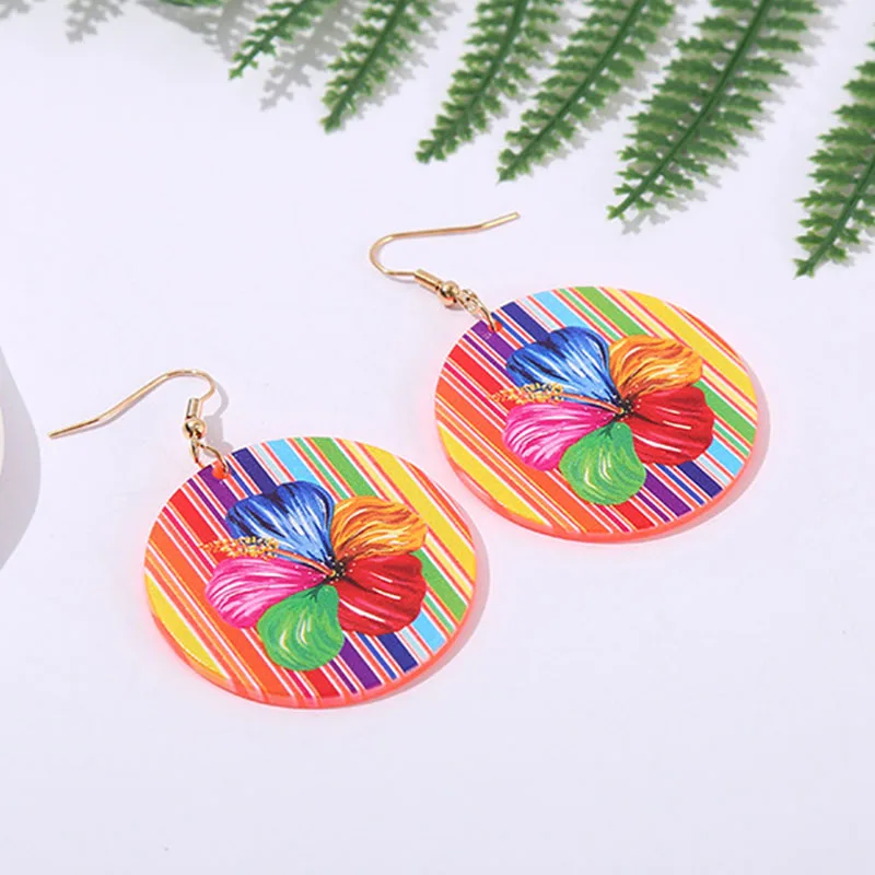 

Fashion Round Stripe Earrings Fashion Street Photo Colored Flower Geometry Pendant Acrylic Earrings Summer Bohemian Jewelry
