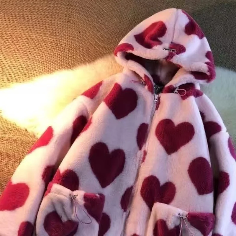 

Heart Print Jacket Women for Valentine's Day Winter Zipper Hooded Flannel Parka Harajuku Lambswool Sherpa Streetwear Couple Coat
