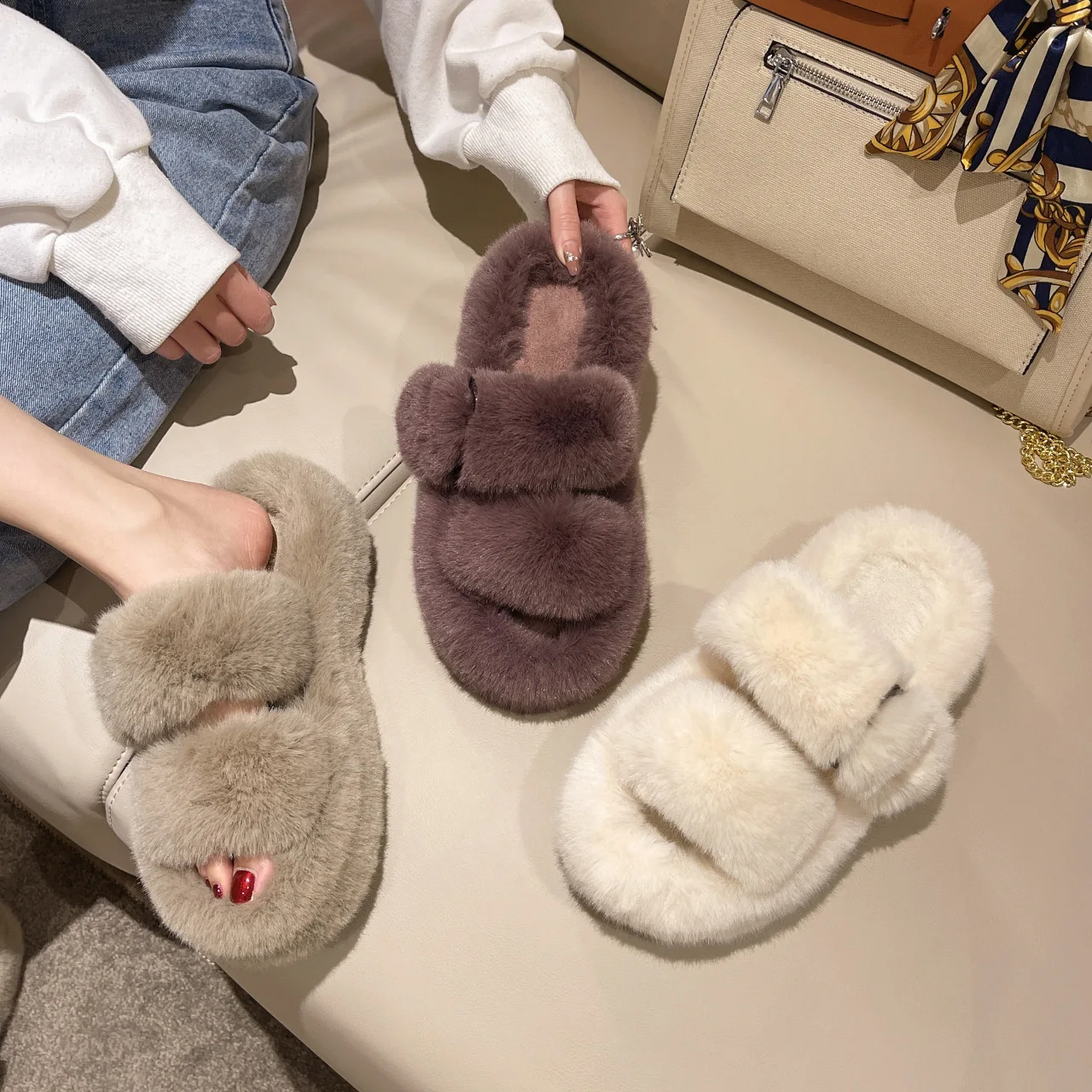 Women Fur Slippers Platform Indoor Non Slip Rubber Sole Slides Buckle Decoration Fashion Girl Shoes Ladies Ytmtloy Flock Zapato