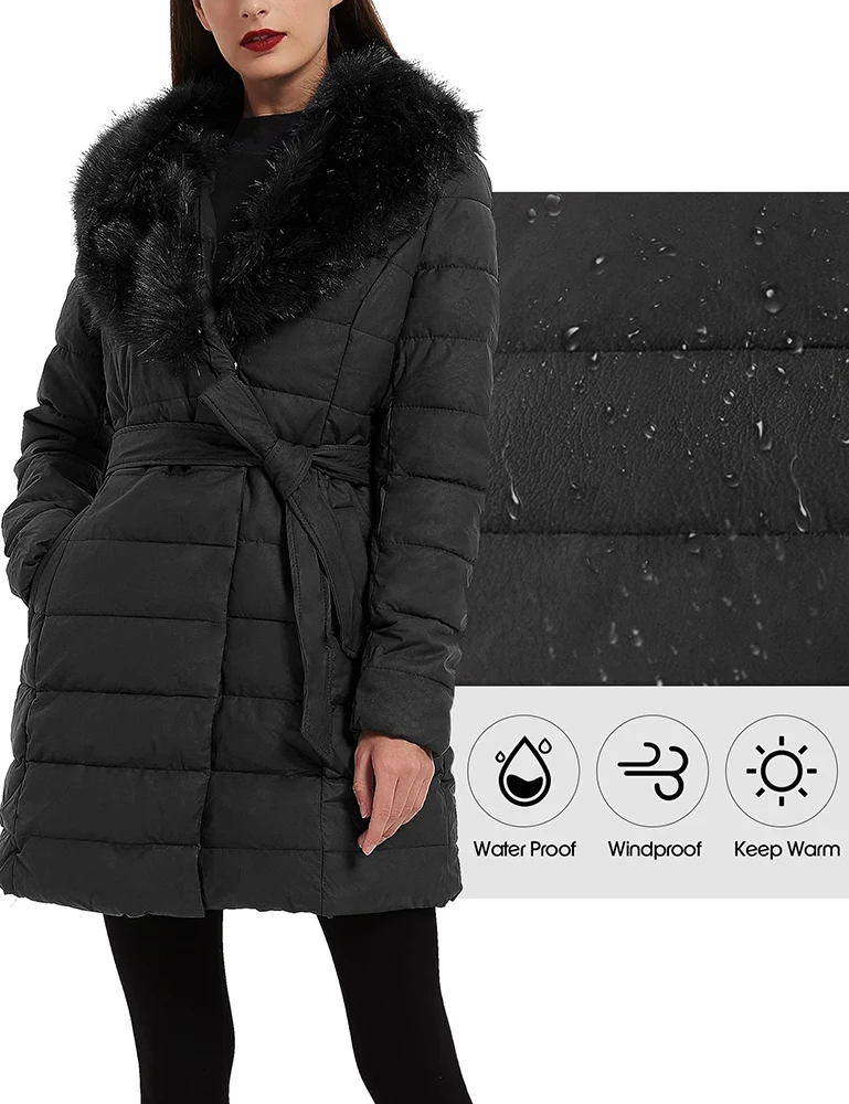 Giolshon New Women Leather Puffer Jacket Winter Warm Bubble Padding Long Puffer Coats With Detachable Faux Fur Collar