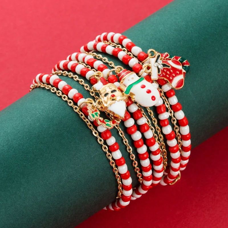 

Cute Christmas Gifts Jewelry for Women Female Red Green Beads Charm Santa Claus Pendant Bracelet Bangle