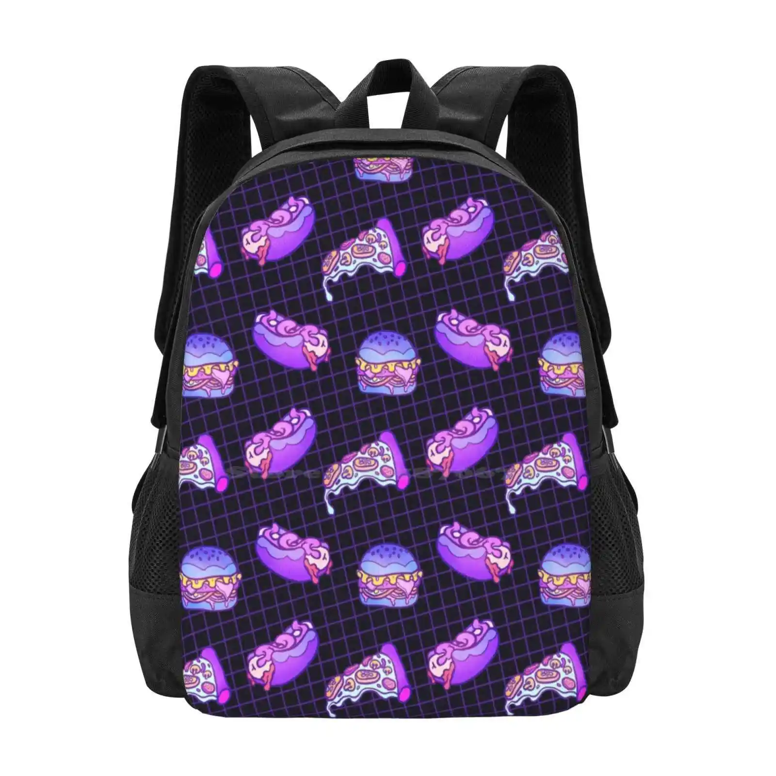 

Pattern 3D Print Design Backpack Student Bag 80S Pattern Hamburgers Hotdogs Pizzas Purple 90S Pattern