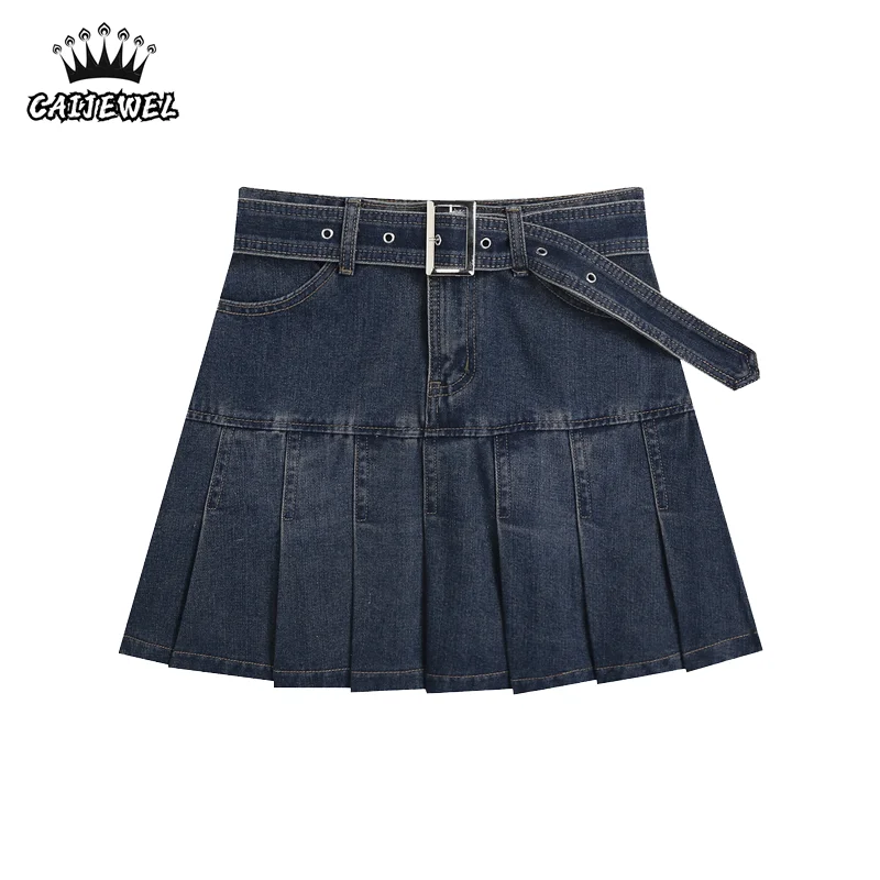 

Women's Half Body Skirt Denim Washed Belt A Word High Waist Casual Fashion Vintage Short Pleated Skirt Plus Size Ladies Summer
