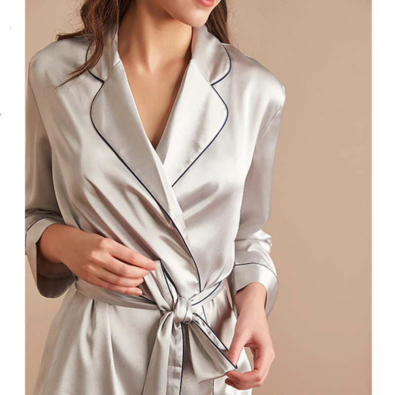 2Pcs Women Lapel Long Sleeves Pajamas Sets Robe Pant Nightwear Ice Silk Sleep Suit Ice Silk Sleep Suit Solid Color Loose Casual
