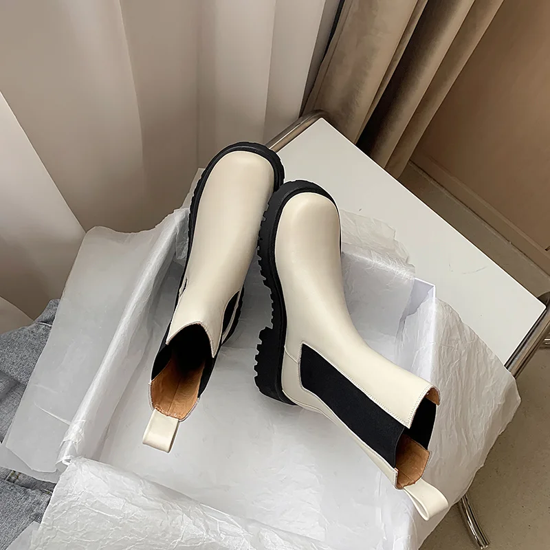 

Elastic Woman Ankle Band Slip On Women Shoe Neutral Style Cow Leather Chelsea Boots Ladies White Shoes botas de mujer