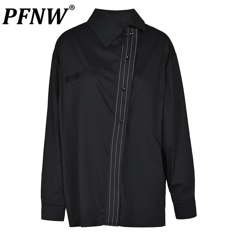 

PFNW Spring Summer Men's Personality Striped Patchwork Diagonal Lapel Shirts Tide Handsome Streetwear Simple Cool Tops 12A9187